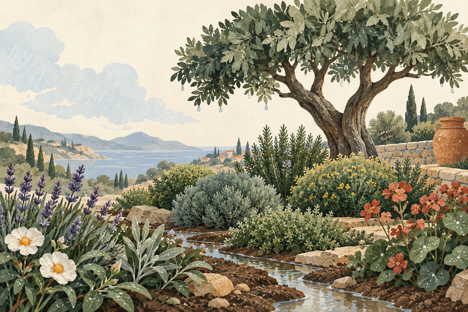 Ilustración de un jardín mediterráneo recibiendo la lluvia